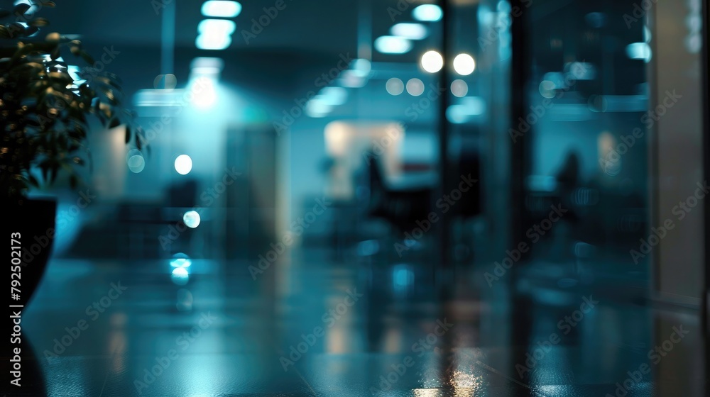 Modern office interior with glass walls, panoramic banner, blurred background Modern office interior with glass walls, panoramic banner, blurred background