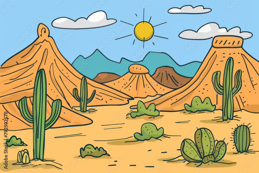 Cartoon cute doodles of a vast desert landscape with towering sand dunes, cacti, and a blazing sun in the sky, Generative AI