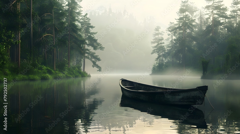 A Tranquil Boat on the Misty Lake:Serenity in the Serene Wilderness