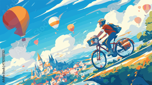 Sky bike tour. Fantasy illustration 2d flat cartoon