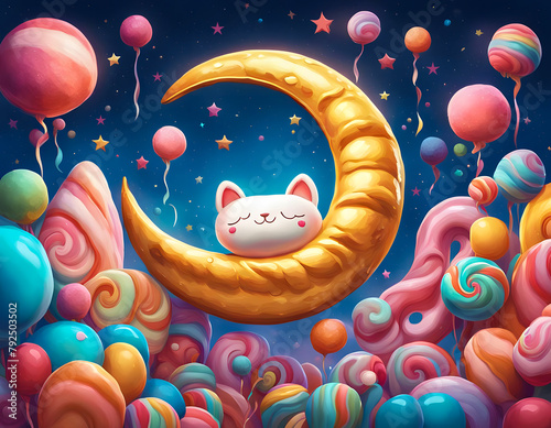 A crescent moon with a cute sleeping plush cat in the night sky