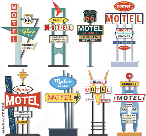 Classic American signboard retro stand street pointer advertising set isometric vector illustration