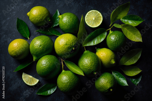 Lime background top view ai generated. Limes with leaves, branch and slices on dark background. Generative AI.