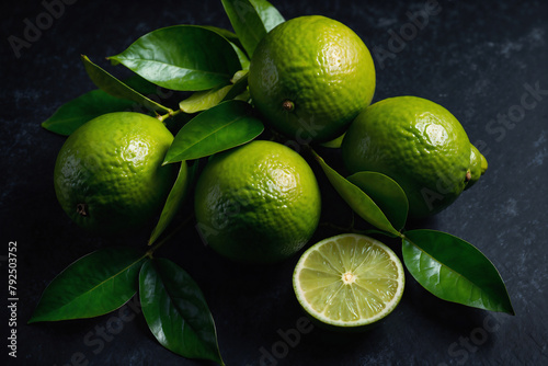 Lime with leaves top view macro ai generated. Limes with slice, wedge, leaf and branch on dark background. Black background. Generative AI.