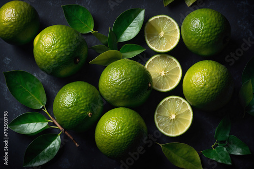 Lime top view macro ai generated. Limes with leaves on dark background. Lime above with leaves and slices. Generative AI.