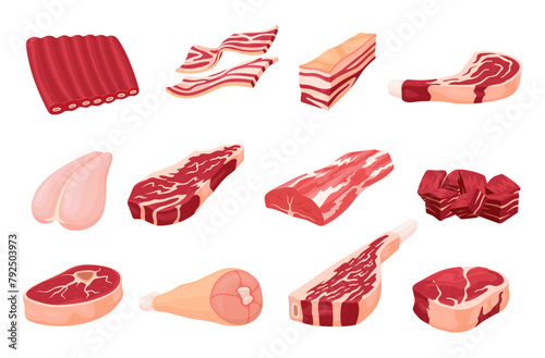 Meat different parts natural organic protein healthy raw food set isometric vector illustration