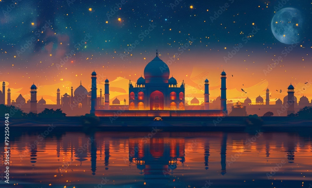 The beautiful silhouette of the mosque against the night sky. Panoramic view of the evening Taj Mahal.  A greeting card for a traditional Indian holiday. Ramadan, Ugadi,  Diwali, Pongal, Gudi Padwa.
