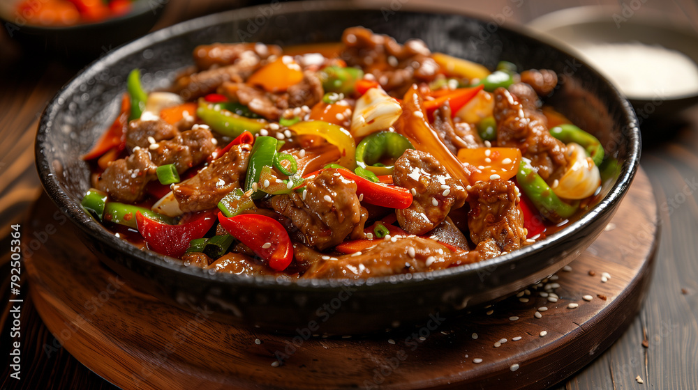 Chinese cuisine. Stir-fried beef with vegetables on wooden table.