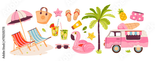 Beach stuff for summer travel set. Vacation accessories for sea holidays. Beach tote bag, palm, glasses, chairs, bikini, ice cream van. Flat vector illustrations isolated on white background