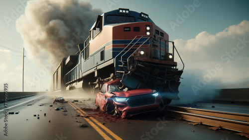A train is crashing into a car on a road. The car is in a mangled wreck and the train is spewing smoke. The scene is chaotic and dangerous