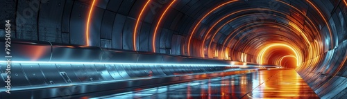 Stunning 3D model of a futuristic minimalist transit system, high speed pods in a streamlined tunnel.