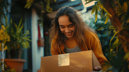 A happy woman receiving and opening a parcel box, expressing joy in online shopping © PrabhjitSingh