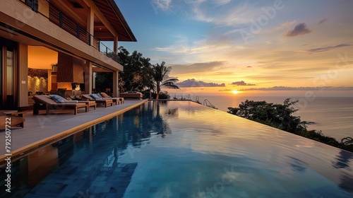 There is an infinity pool on a wooden deck that looks out over the ocean.