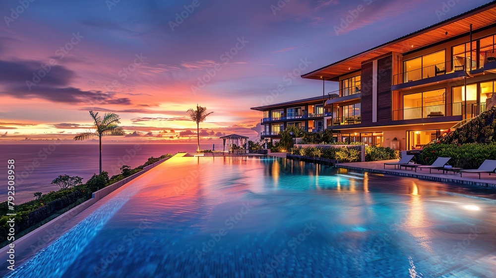 A photo of a luxury hotel with a pool and a view of the ocean.