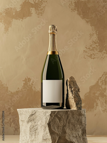 bottle of wine on rock podium with white blank sticker for mockup 