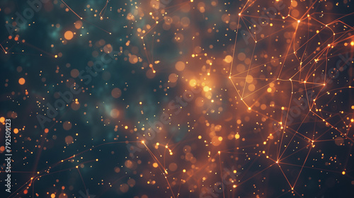 Glowing particles and connecting lines on a bokeh-lighted teal background create an image reminiscent of a cosmic constellation or a neural network. photo