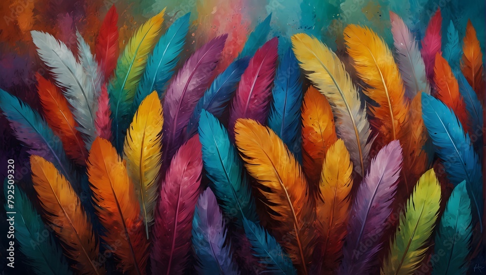 Impressionist artwork depicting feathers on a vividly colorful background Generative AI