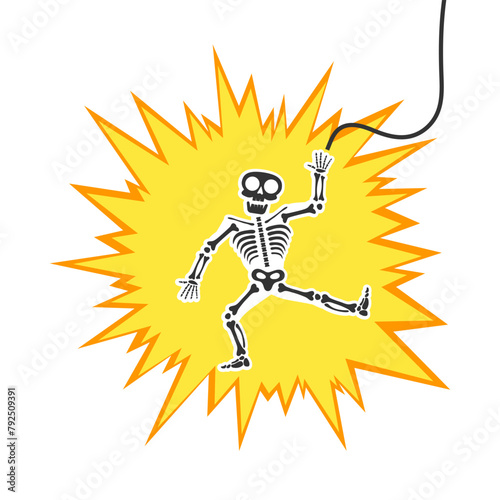 Skeleton electric shock by high voltage or lighting electrocuted caution silhouette flat style design vector illustration. A funny human skeleton had an electric shock or lightning strike.