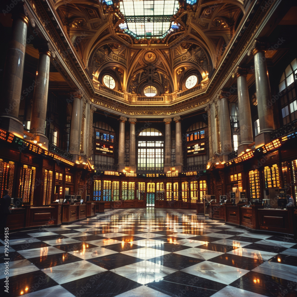 Obraz premium Grandiose interior of a historic building with ornate ceilings, stained glass windows, and a checkerboard floor pattern, likely a stock exchange.