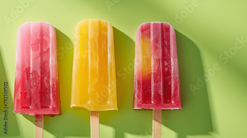 Three colorful popsicles with wooden sticks on a green background, likely representing strawberry, lemon, and raspberry flavors.
