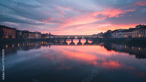 A bridge over the calm Arno river in Florence Italy photo