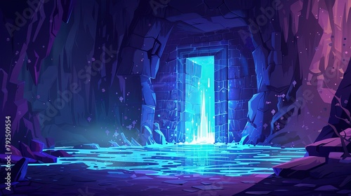 There is a blue portal in a cave. The portal is surrounded by rocks and there is water on the ground. photo