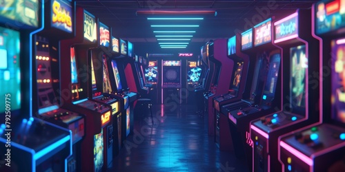 Retro Video Game ArcadeColorful Rows of Machines and Cabinets