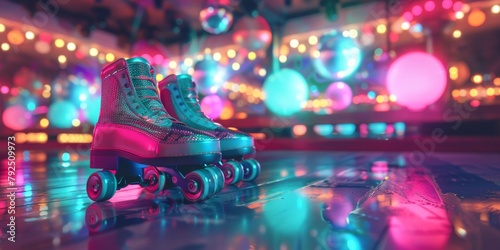 Retro Roller RinkDisco Balls and Bright Lights Vintage Party Atmosphere nighttime Roller Skating Disco Vibes Fun Movement Dance Retro 80s Feel Disco Fever Atmosphere Spin Groove Night Club Dance Floor