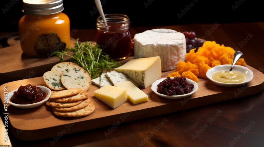 A platter filled with an assortment of cheeses, crackers, jams, and nuts for a delicious and elegant snack