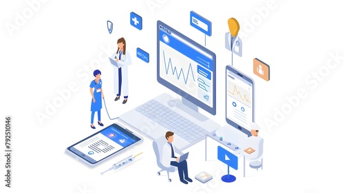 Telehealth and Remote Medical Consultation on Digital Devices in Modern Isometric