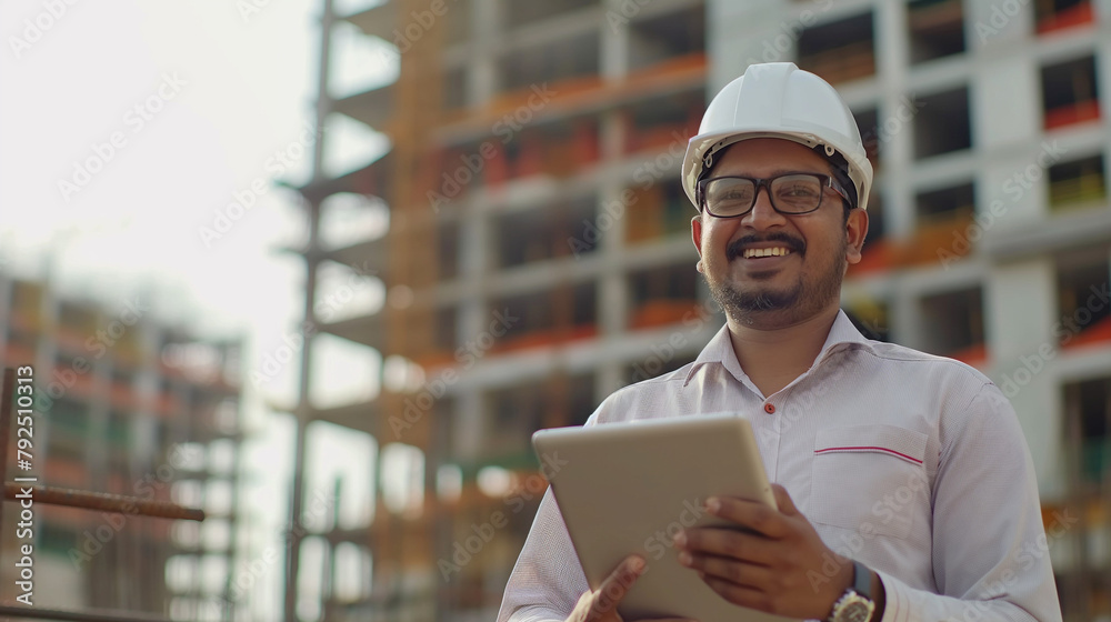 Confident Indian Engineering Supervisor Inspecting Construction Site with Tablet Confident Indian Engineering Supervisor Inspecting Construction Site with Tablet
