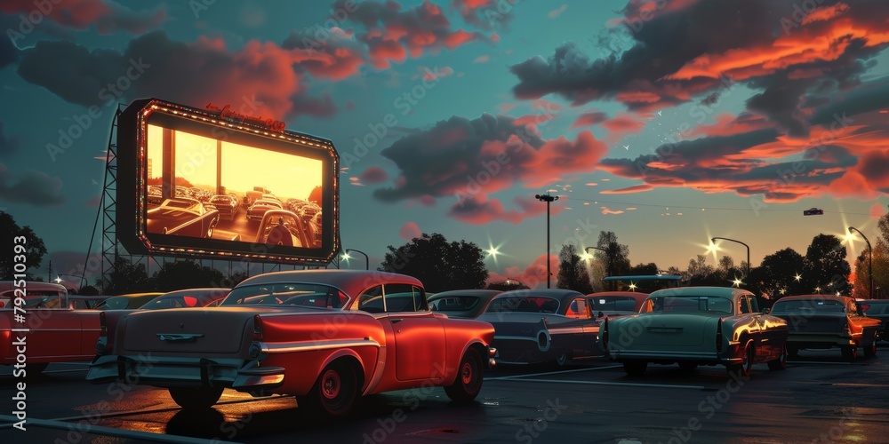 Retro Drive-In TheaterClassic Cars and Night Sky at Vintage Cinema Event