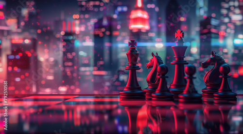Untitled A chessboard with red and black pieces in the foreground, surrounded by digital cityscape elements like skyscrapers and data streams