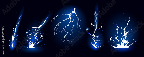 Lightning strike bolt silhouettes sequence vector illustration. Black thunderbolts and zippers are natural phenomena isolated on a dark background. Thunderstorm electric effect of light shining flash.