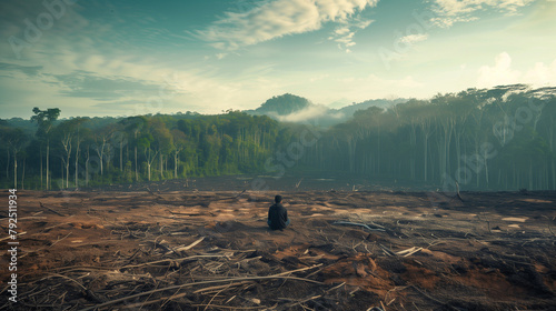 A lone figure sits facing the stark contrast between a lush forest and a vast deforested area, a poignant image of environmental destruction.