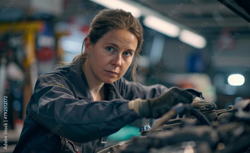 Female car mechanic in the professional car service.