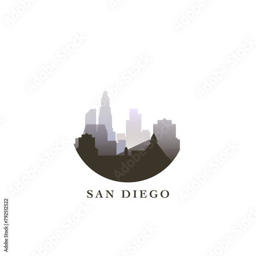 San Diego cityscape, vector gradient badge, flat skyline logo, icon. USA, California state city round emblem idea with landmarks and building silhouettes. Isolated abstract graphic