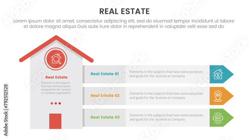 real estate property infographic template banner with tall height building with arrow rectangle stack box with 3 point list information for slide presentation