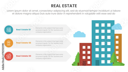 real estate property infographic template banner with big hotel building with park with 3 point list information for slide presentation