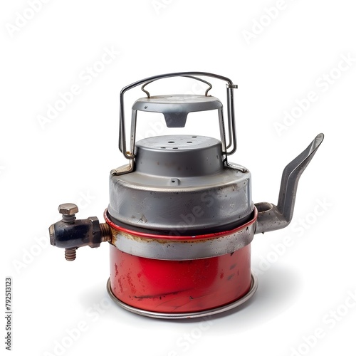 Vintage Red Camp Stove Fuel Canister on White Background