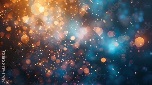 Abstract background of shimmering particles with bokeh effect, in hues of orange and blue, depicting a festive or magical atmosphere.