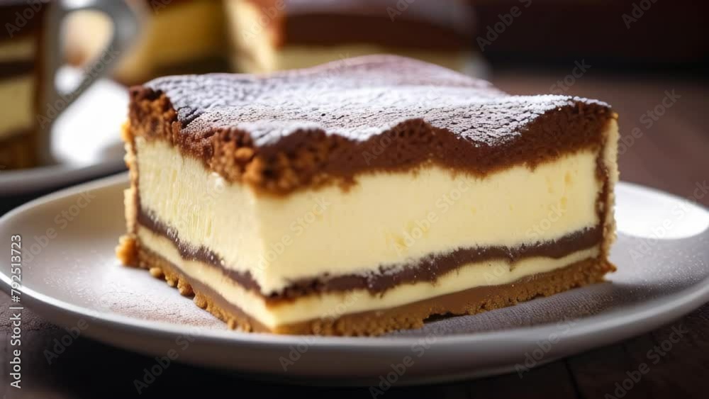 Portion of traditional Italian Tiramisu dessert cake on white plate Portion of traditional Italian Tiramisu dessert cake on white plate