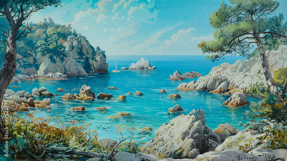 A scenic view of a rocky shoreline 