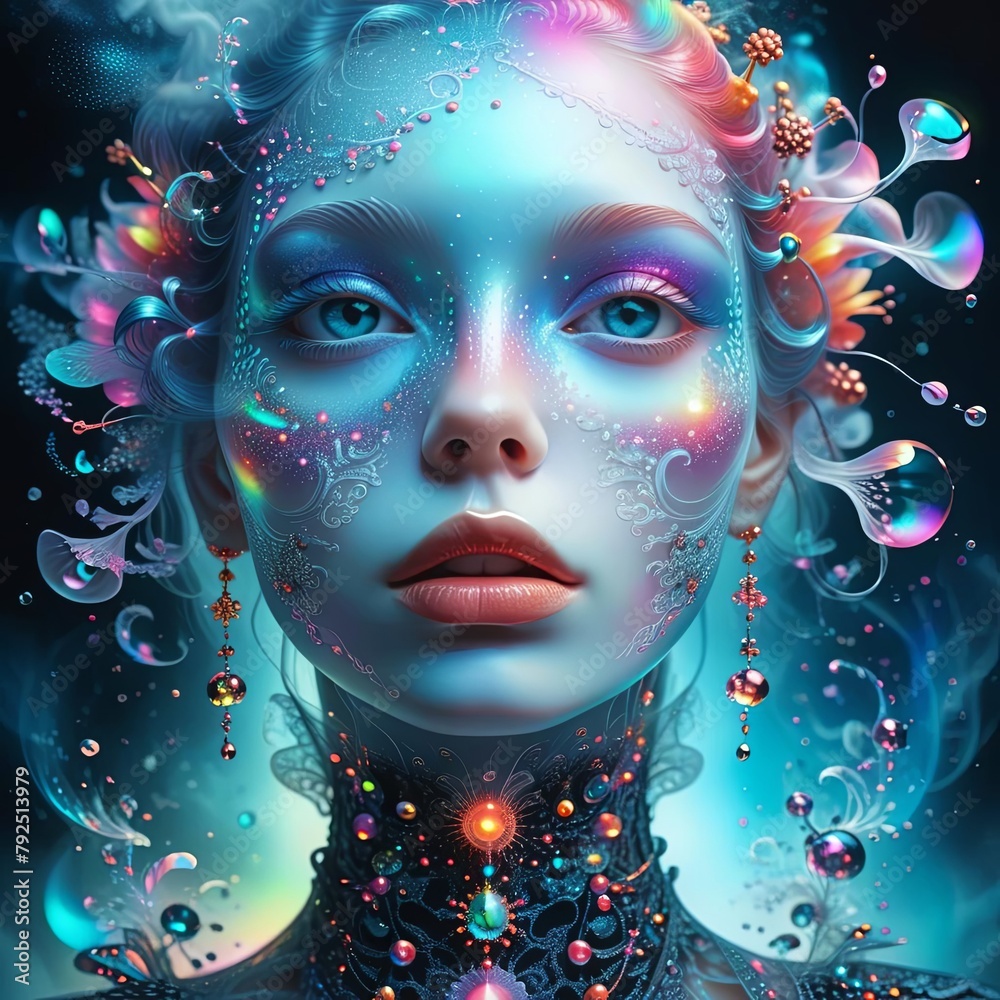 abstract fantasy style portrait of a beautiful woman. blue light background theme. fine art, neon light,surreal abstract fantasy style portrait of a beautiful woman. blue light background theme. fine art, neon light,surreal