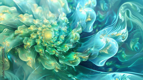 Digital artwork displaying an intricate fractal design with floral patterns and swirling textures in shades of blue and green.