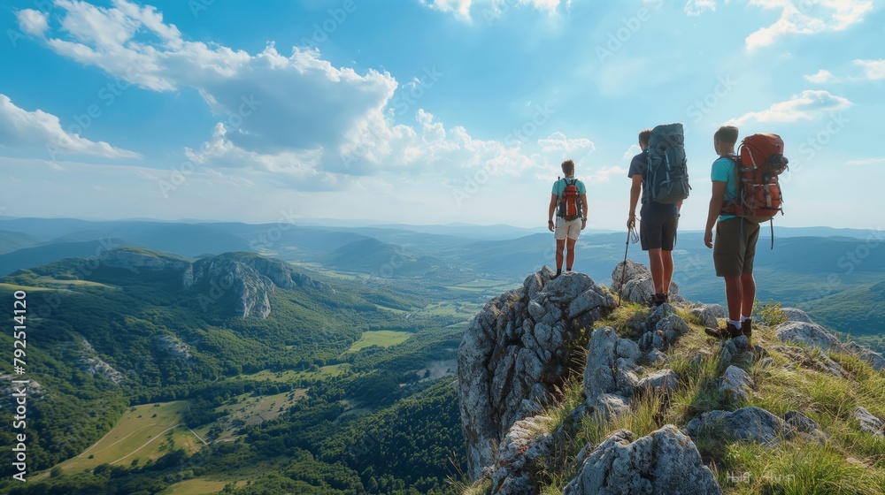 Obraz premium An adventurous summer hiking scene in a mountainous area, with a group of friends reaching the summit, wide expansive views of green valleys below under a clear blue sky