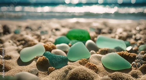 Seaglass Treasures on Sandy Beach - Ideal for Themed Decor and Artistic Backgrounds