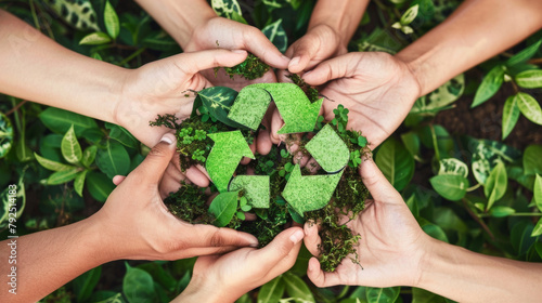Hands forming a recycling symbol with greenery, conveying eco-friendliness photo