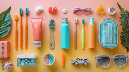 Collection of colorful personal care items and accessories arranged neatly on a pastel yellow background. Travel essentials concept. photo