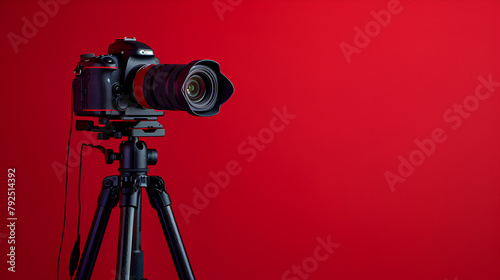 Professional camera on a tripod, on a red background ,Record videos and photos for your blog, reportage ,Free space, isolated red background  photo